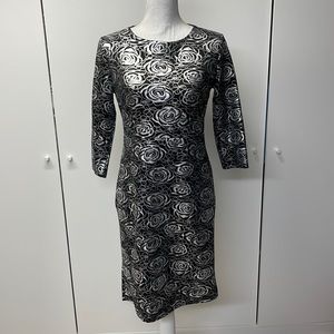 NWOT Black and silver scuba sheath dress with three-quarter sleeves size large